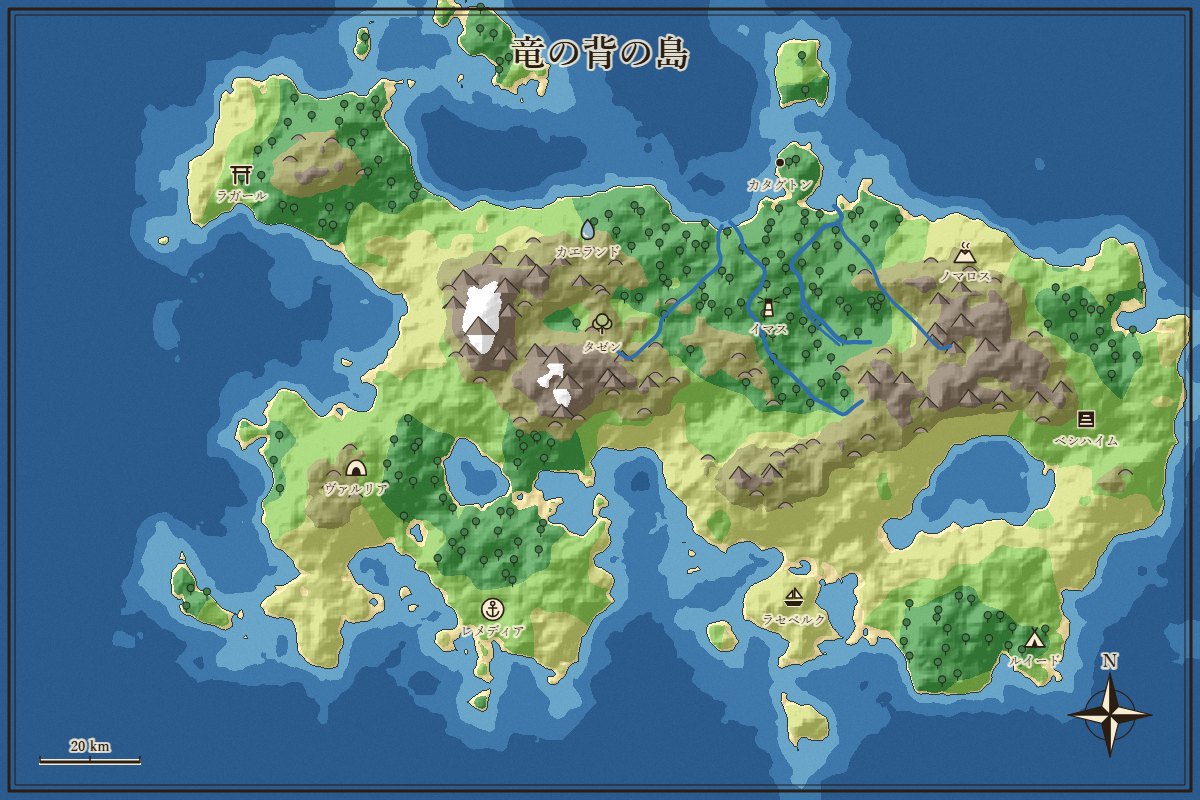 カラーで描かれた、山と森のある大きな島の地図。港、灯台、洞窟、火山などのアイコンが置かれている